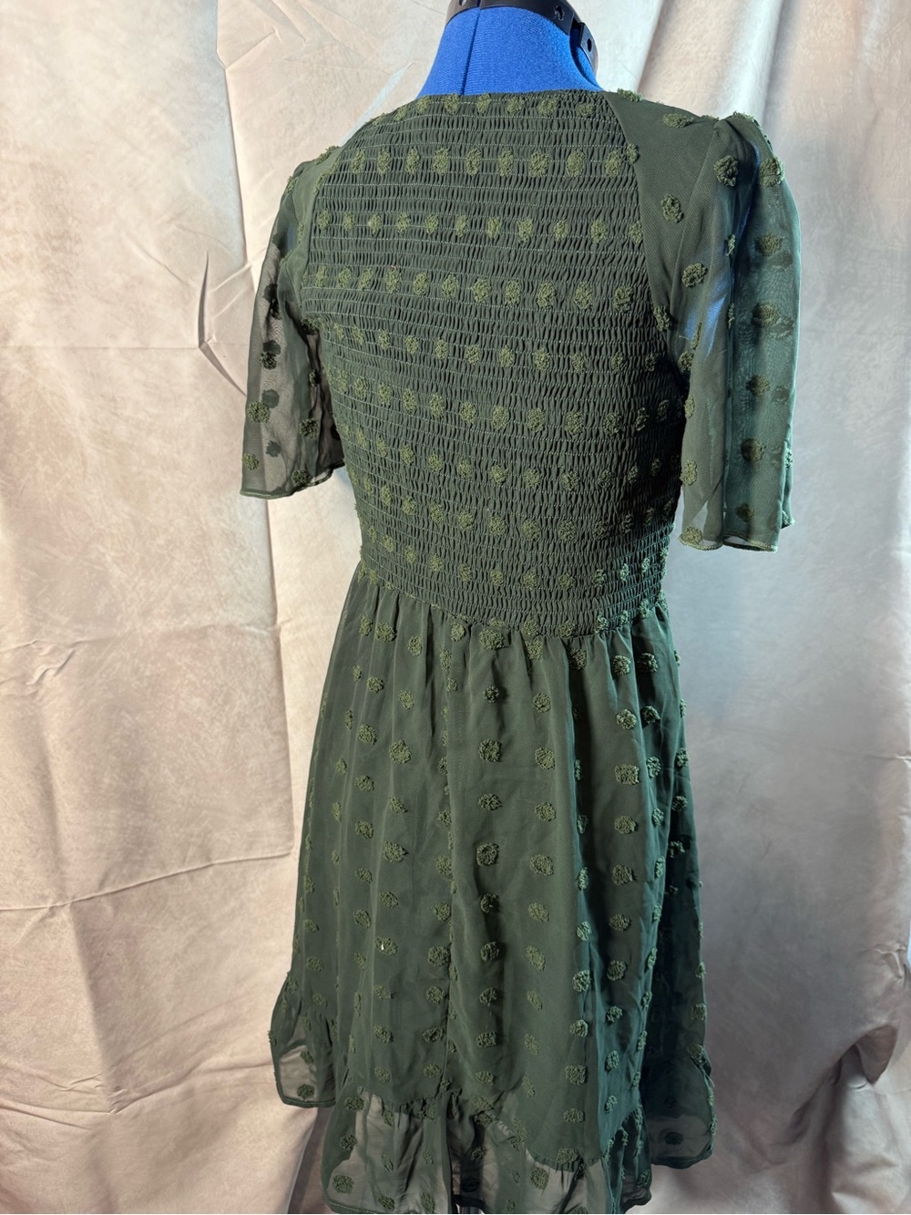 22-Smocked V-Neck Midi Dress in Olive Green - Picture 3 of 4